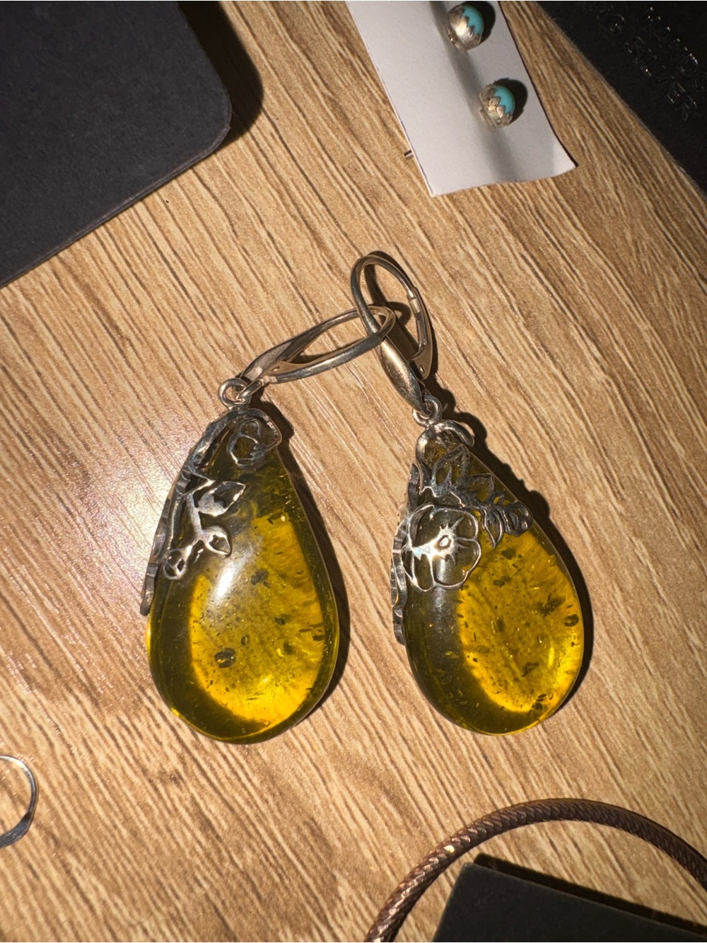 Sterling Silver Yellow Amber Teardrop Earrings